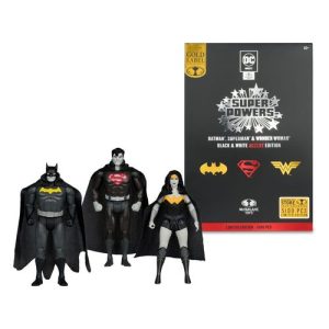 DC Direct Figuras Super Powers Batman, Superman & Wonder Woman Black & White Accent Edition Gold Label 13 cm